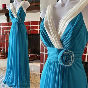 NEW Color Block Turquoise Blue White Cocktail Evening Party Sexy Gown M